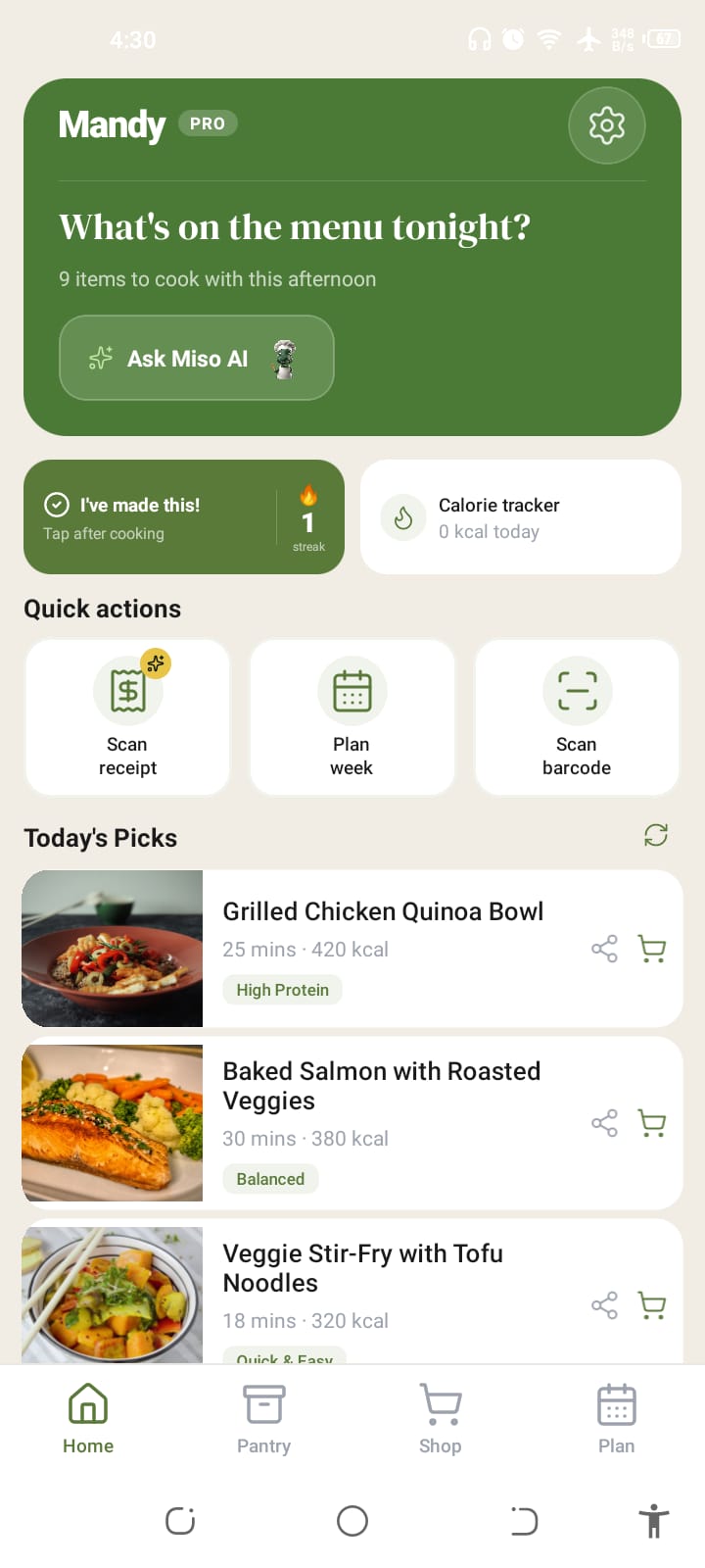 Fridzo Home Dashboard & Miso Card